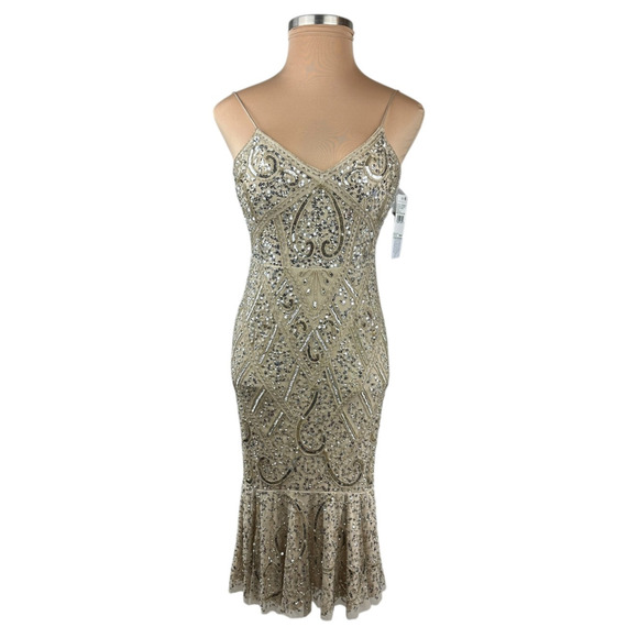 NWT Aidan Mattox Sequin Embellished V-Neck Flutter Hem Midi Dress *Altered* - Picture 2 of 16